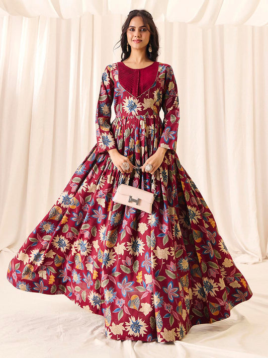 Maroon Flower Printed Rayon Anarkali Long Gown | Perfect For Parties, Engagements & Weddings