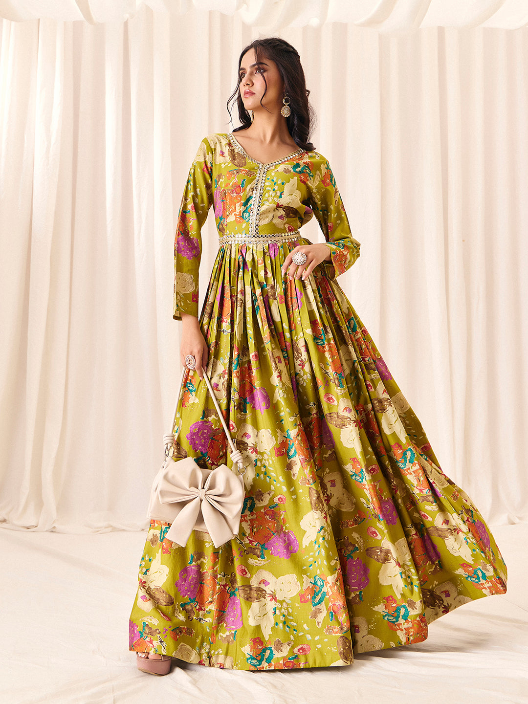 Green Flower Printed Rayon Anarkali Long Gown | Perfect For Parties, Engagements & Weddings