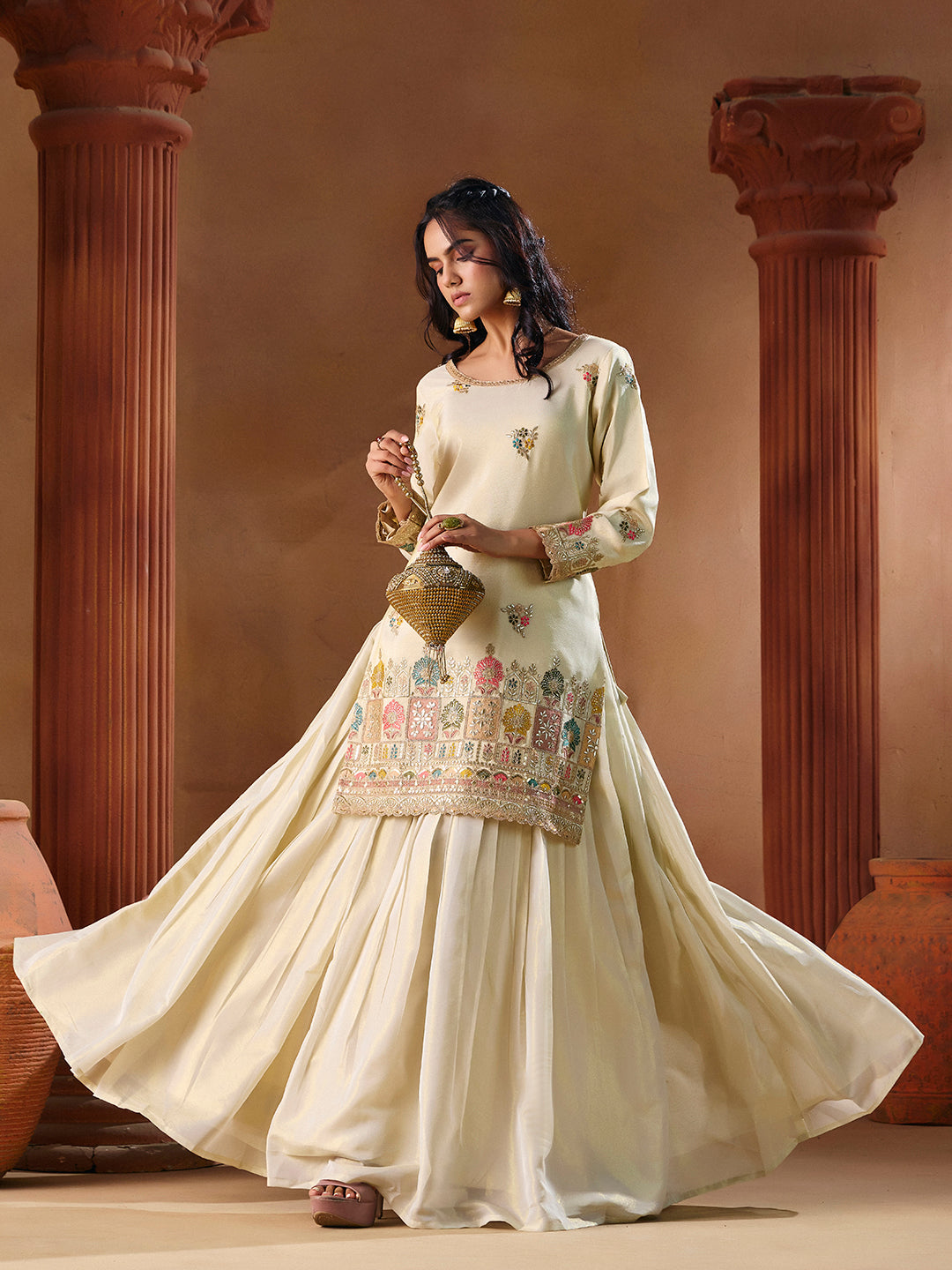 Off White Embroidered Stitched Lehenga with Kurta for Wedding & Festive Wear | M-2559