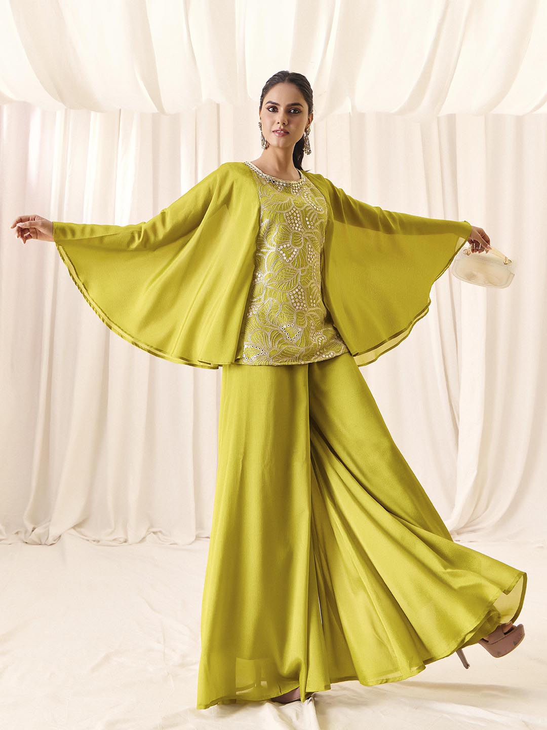 Women’s Green Chinon Embroidered with Palazzo Ethnic Set And Traditional Outfit | M-2570