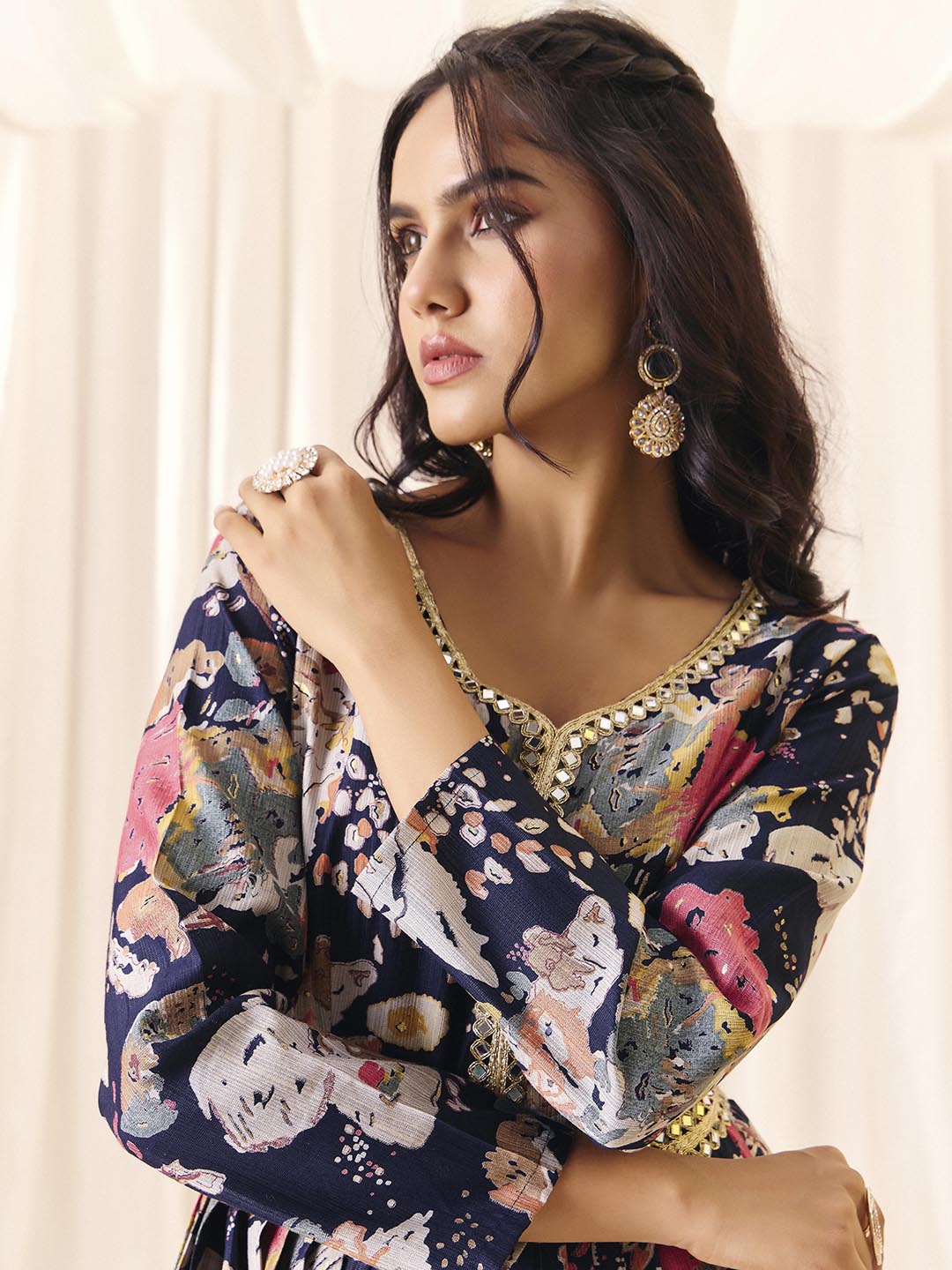 Navy Blue Flower Printed Rayon Anarkali Long Gown | Perfect For Parties, Engagements & Weddings