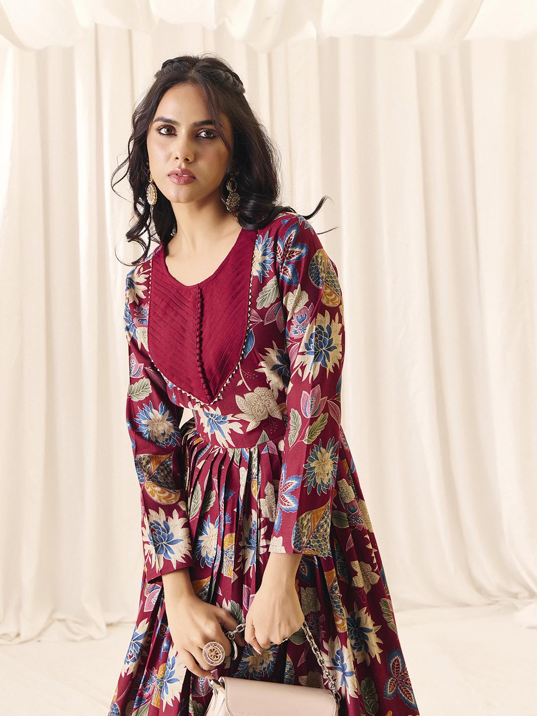 Maroon Flower Printed Rayon Anarkali Long Gown | Perfect For Parties, Engagements & Weddings