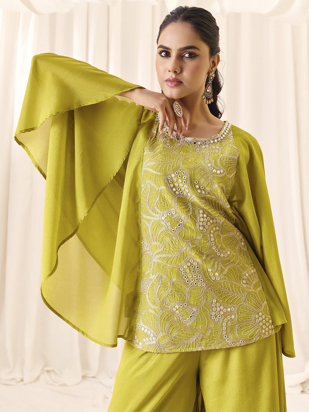 Women’s Green Chinon Embroidered with Palazzo Ethnic Set And Traditional Outfit | M-2570
