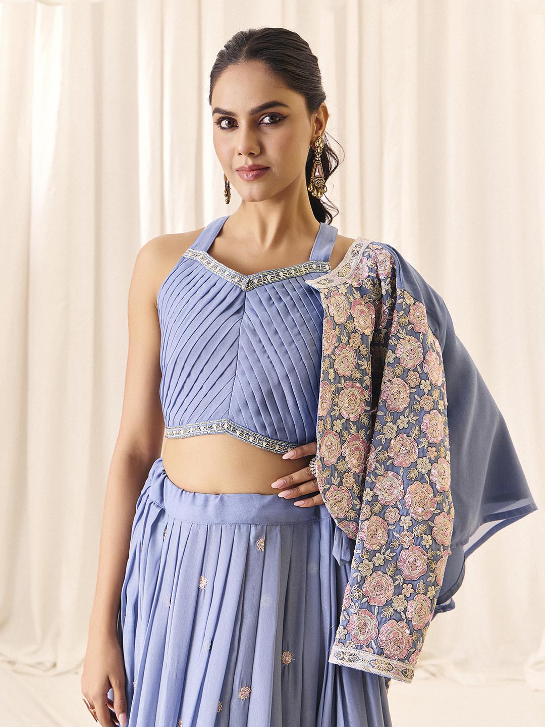 Choli Skirt Koti Set for Women | V-Neck Embroidered Indo Western Ethnic Outfit | Lehenga Dress with Jacket | M-2572