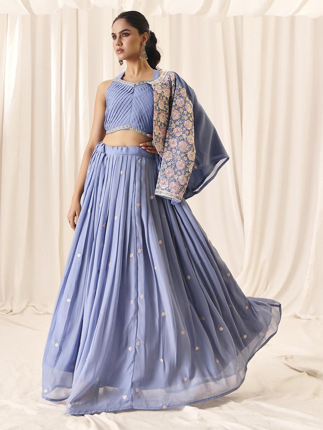 Choli Skirt Koti Set for Women | V-Neck Embroidered Indo Western Ethnic Outfit | Lehenga Dress with Jacket | M-2572