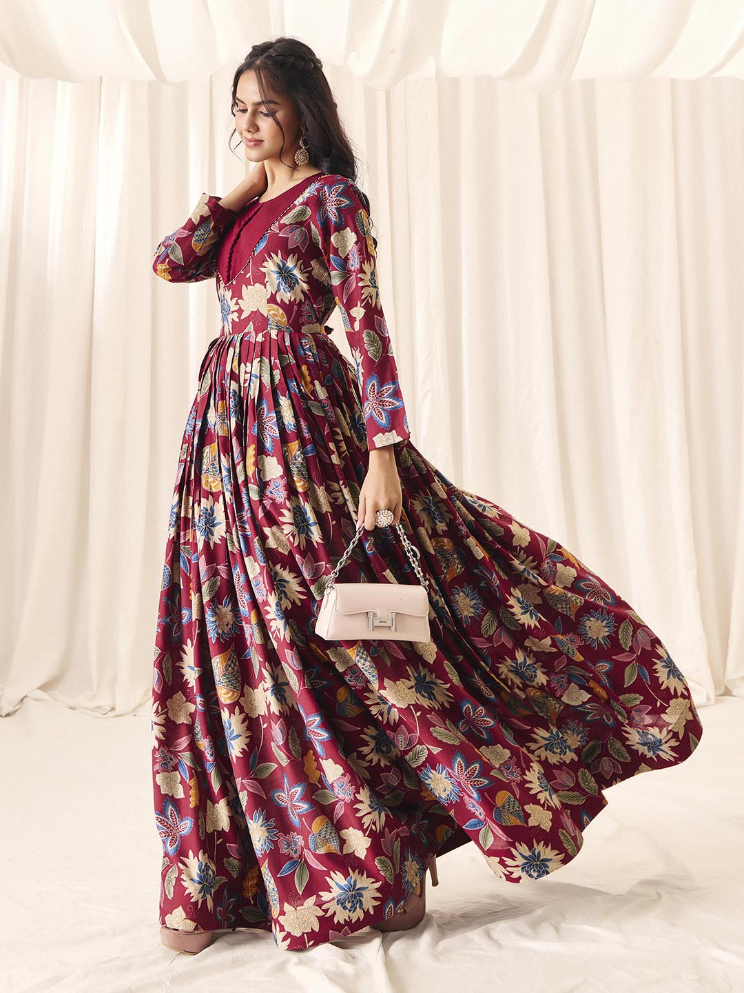 Maroon Flower Printed Rayon Anarkali Long Gown | Perfect For Parties, Engagements & Weddings