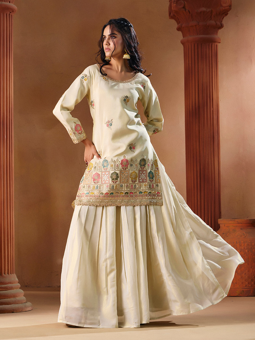 Off White Embroidered Stitched Lehenga with Kurta for Wedding & Festive Wear | M-2559