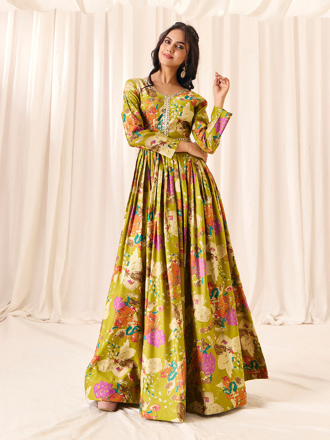 Green Flower Printed Rayon Anarkali Long Gown | Perfect For Parties, Engagements & Weddings