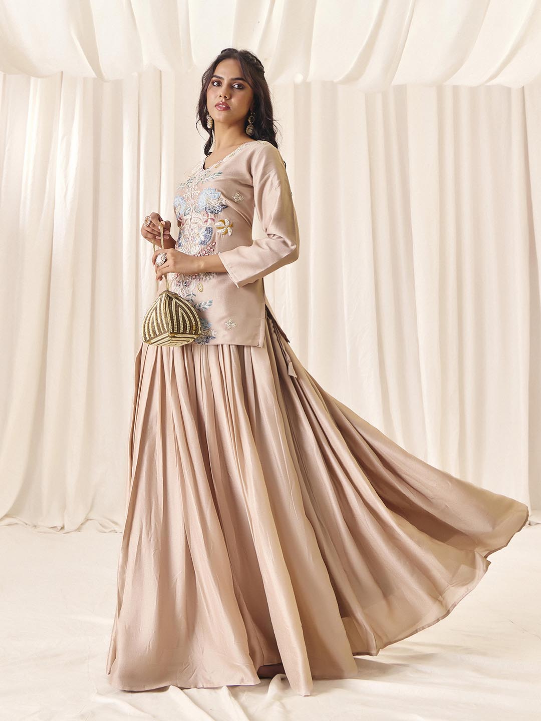 Women's V-Neck Embroidered Top & Skirt Set in Ivory - Madhuram Textiles Vichitra Silk Ethnic Wear | M-2561