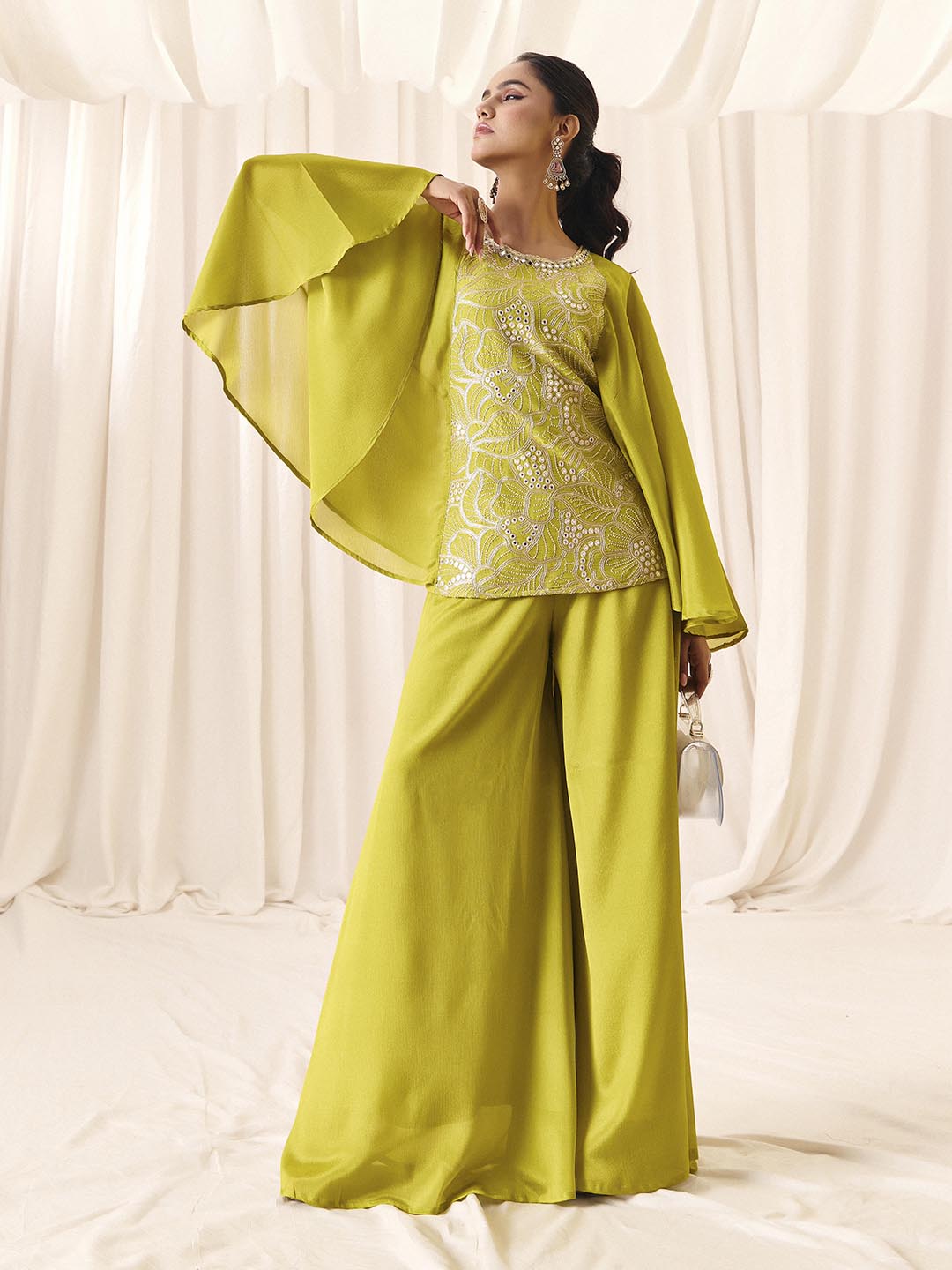 Women’s Green Chinon Embroidered with Palazzo Ethnic Set And Traditional Outfit | M-2570