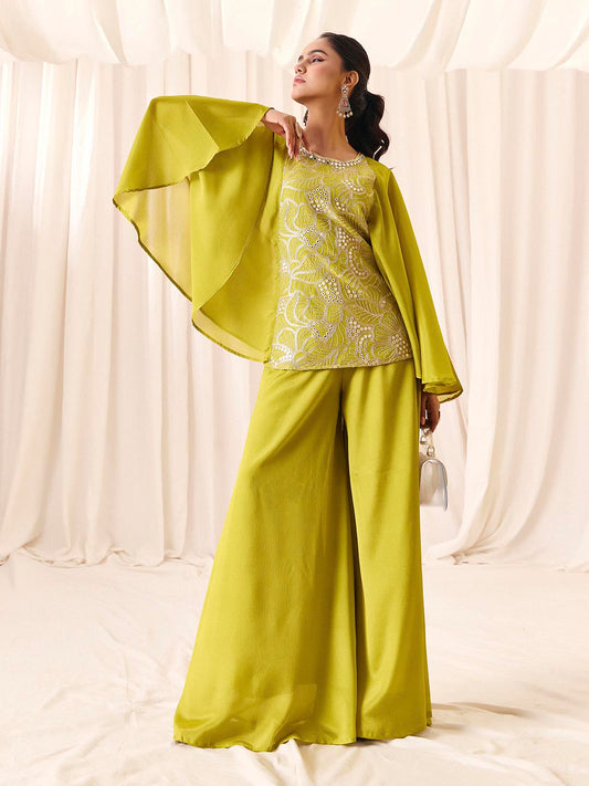 Women’s Green Chinon Embroidered with Palazzo Ethnic Set And Traditional Outfit | M-2570