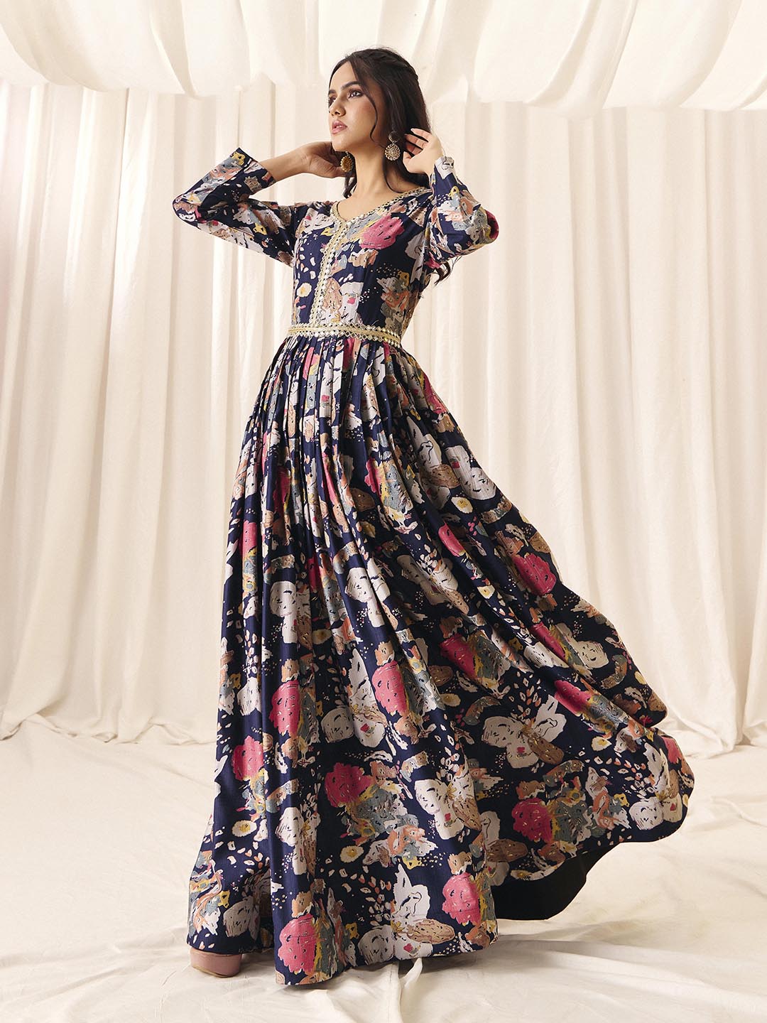 Navy Blue Flower Printed Rayon Anarkali Long Gown | Perfect For Parties, Engagements & Weddings