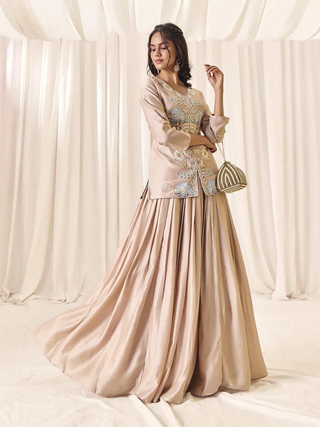 Women's V-Neck Embroidered Top & Skirt Set in Ivory - Madhuram Textiles Vichitra Silk Ethnic Wear | M-2561