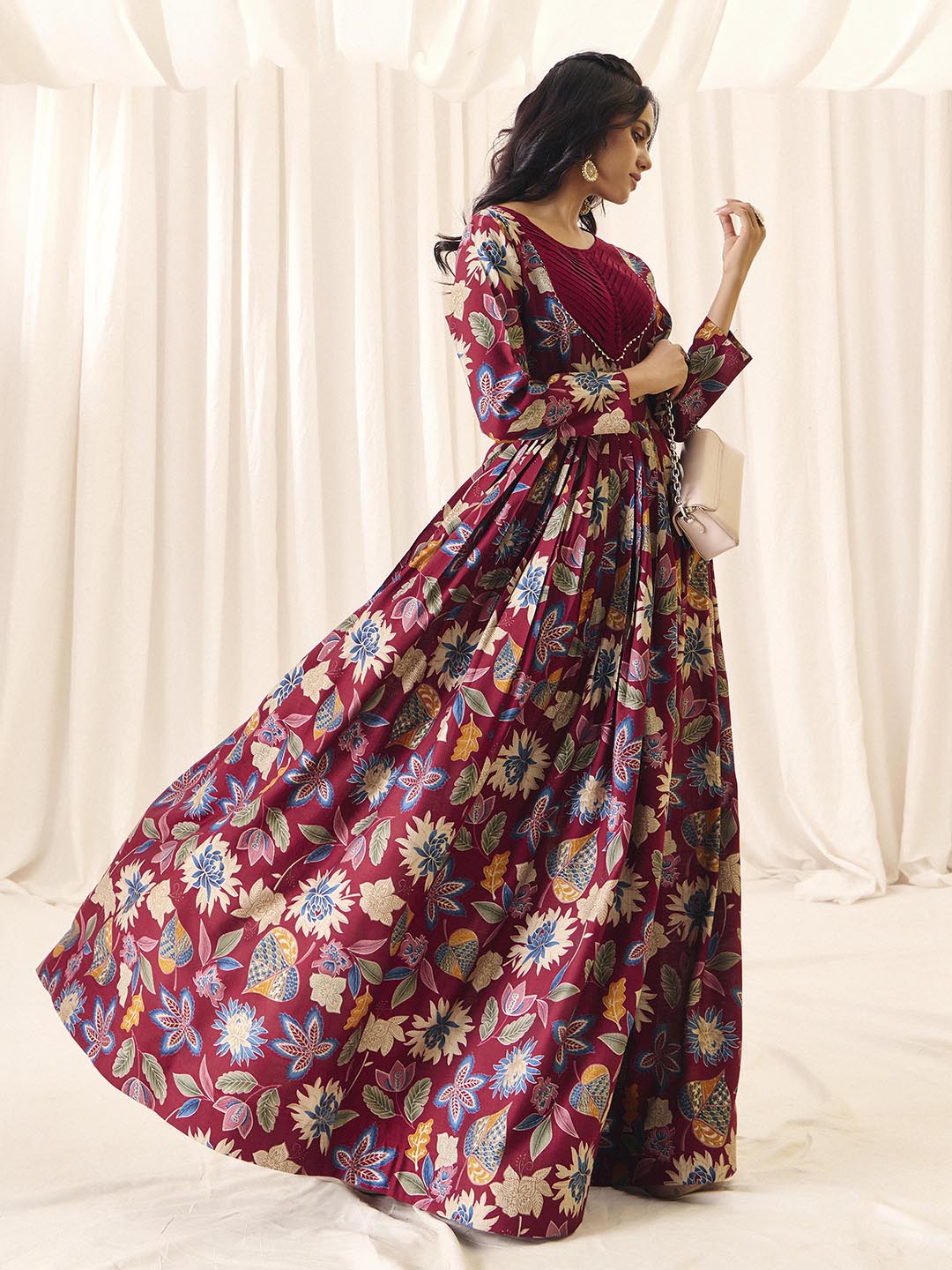Maroon Flower Printed Rayon Anarkali Long Gown | Perfect For Parties, Engagements & Weddings