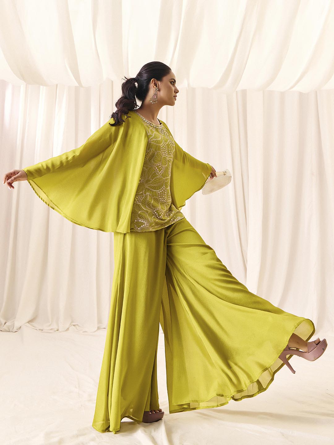 Women’s Green Chinon Embroidered with Palazzo Ethnic Set And Traditional Outfit | M-2570