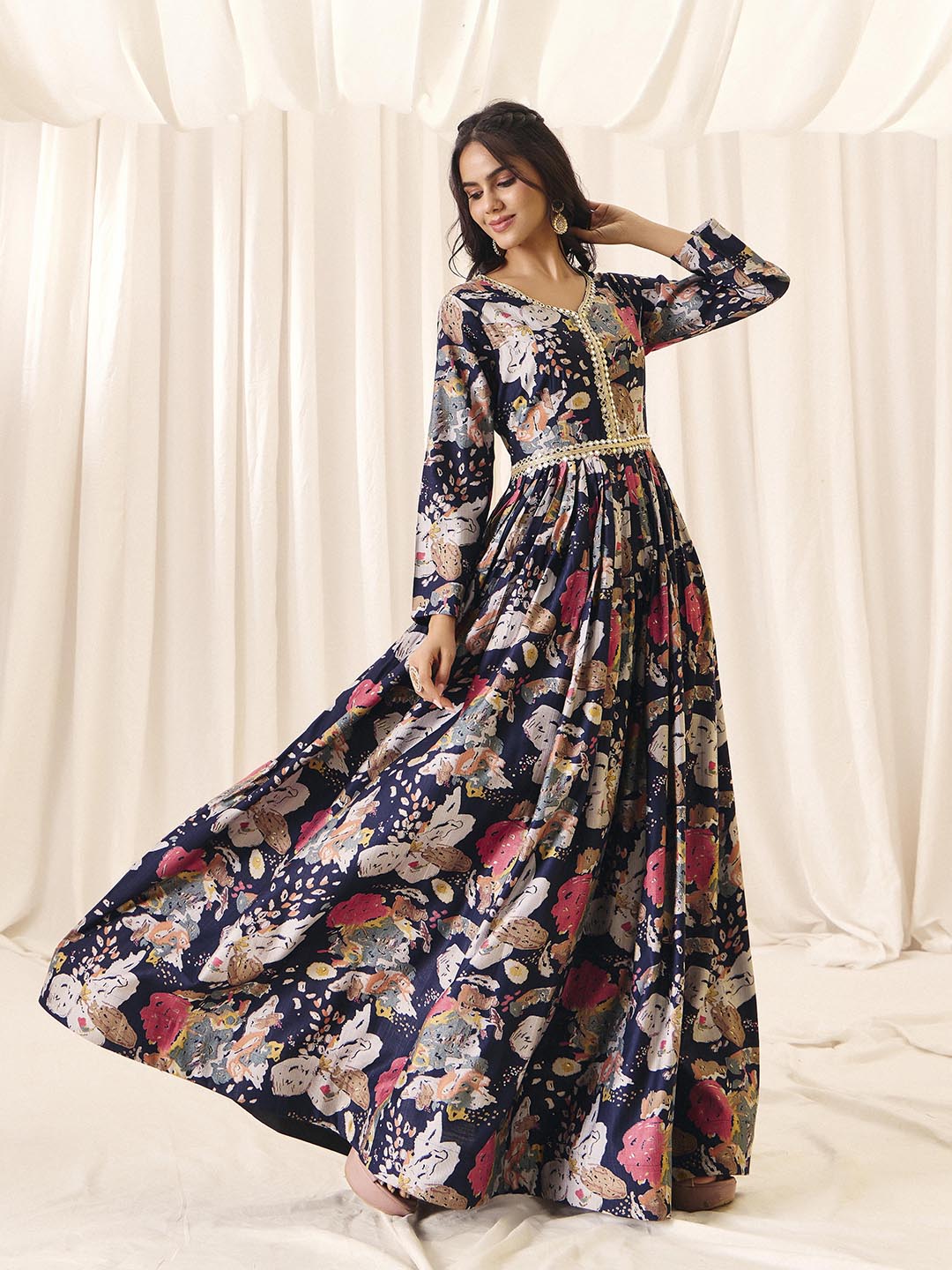 Navy Blue Flower Printed Rayon Anarkali Long Gown | Perfect For Parties, Engagements & Weddings
