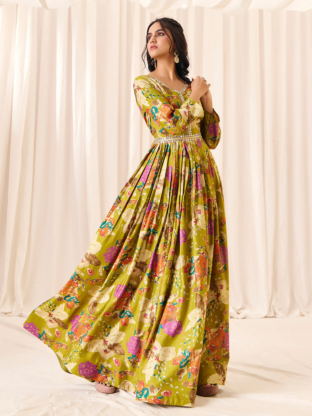 Green Flower Printed Rayon Anarkali Long Gown | Perfect For Parties, Engagements & Weddings