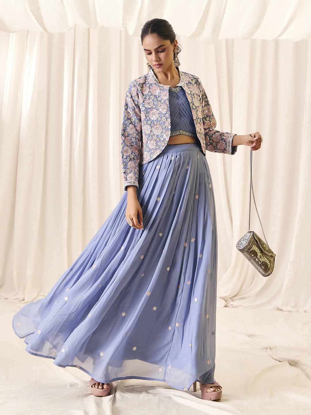 Choli Skirt Koti Set for Women | V-Neck Embroidered Indo Western Ethnic Outfit | Lehenga Dress with Jacket | M-2572