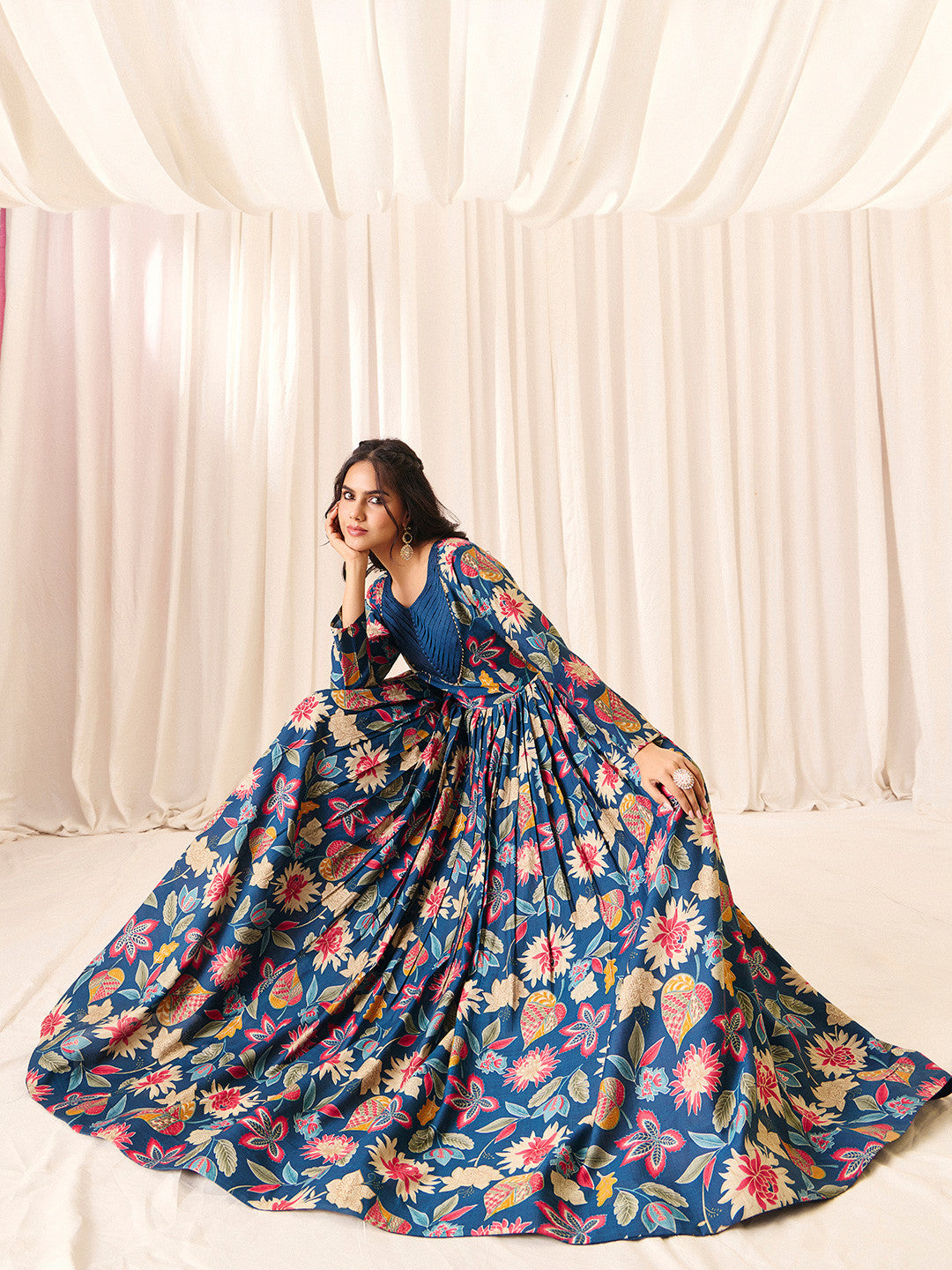 Navy Blue Flower Printed Rayon Anarkali Long Gown | Perfect For Parties, Engagements & Weddings