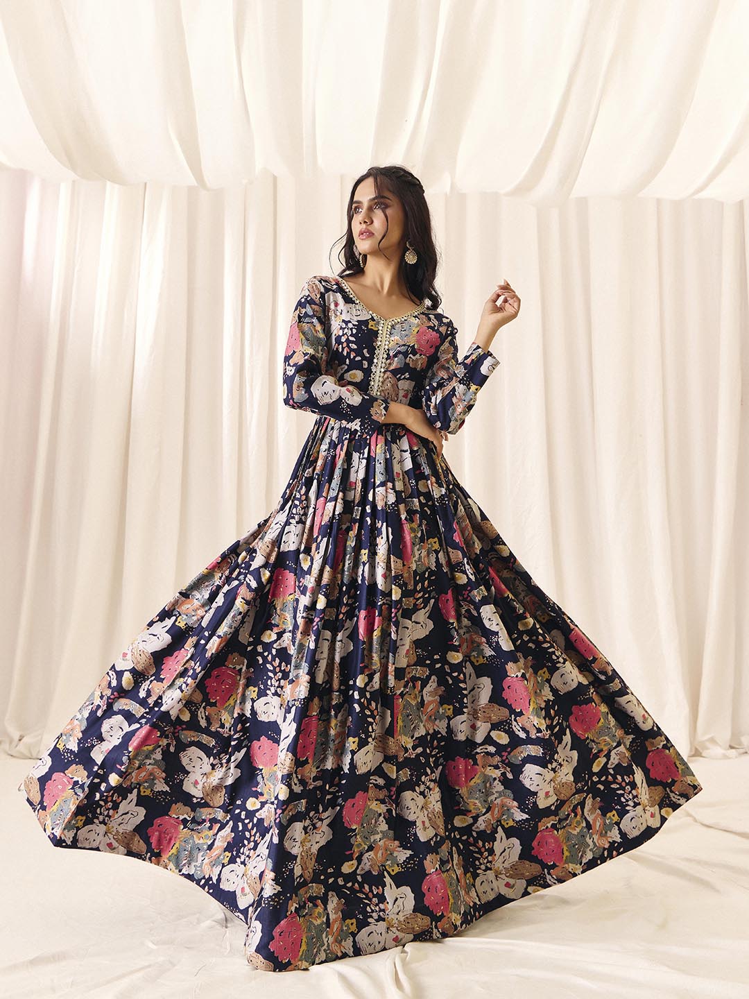 Navy Blue Flower Printed Rayon Anarkali Long Gown | Perfect For Parties, Engagements & Weddings