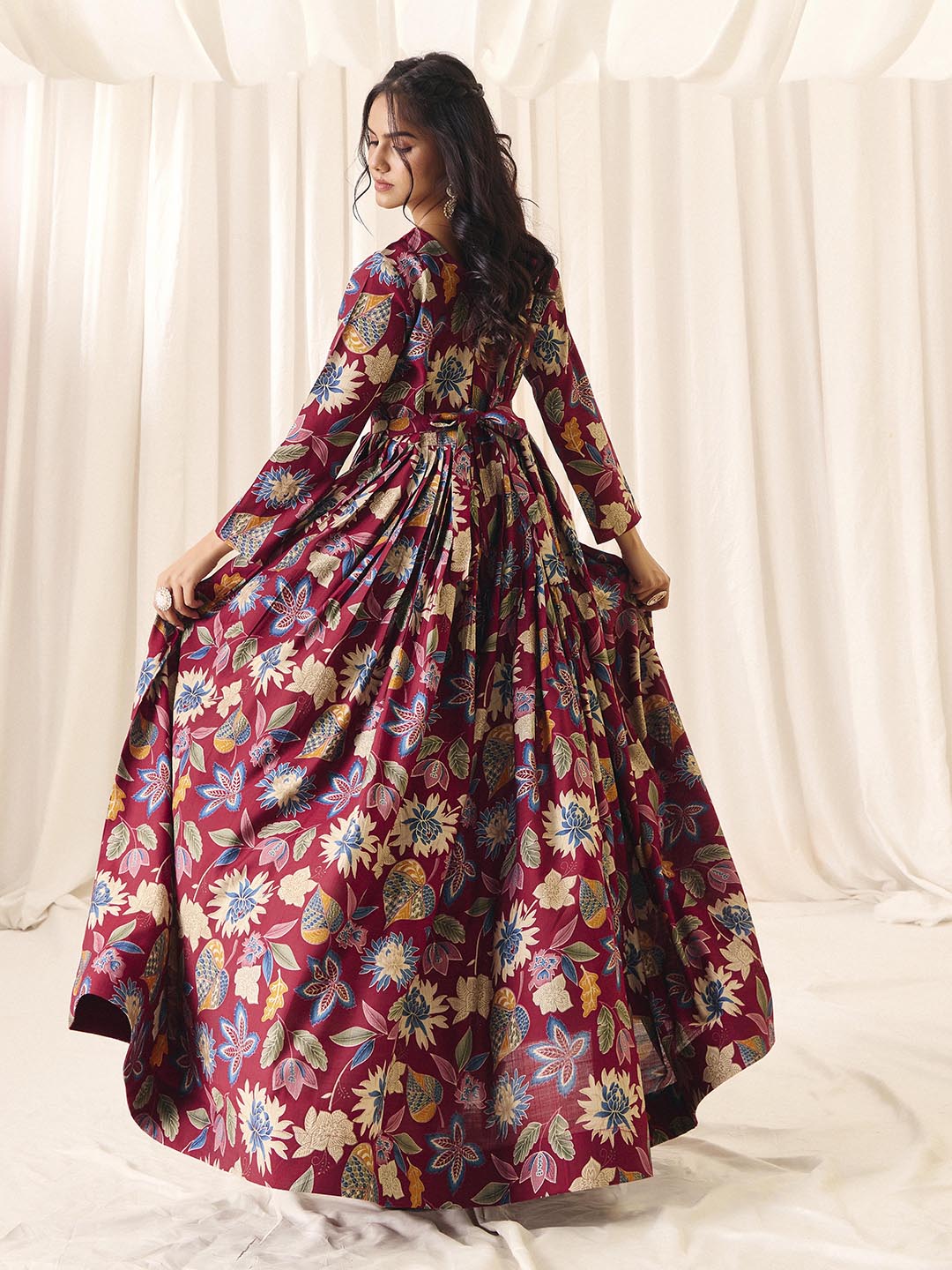 Maroon Flower Printed Rayon Anarkali Long Gown | Perfect For Parties, Engagements & Weddings