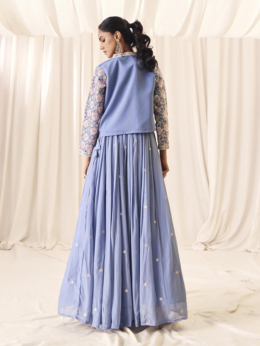 Choli Skirt Koti Set for Women | V-Neck Embroidered Indo Western Ethnic Outfit | Lehenga Dress with Jacket | M-2572