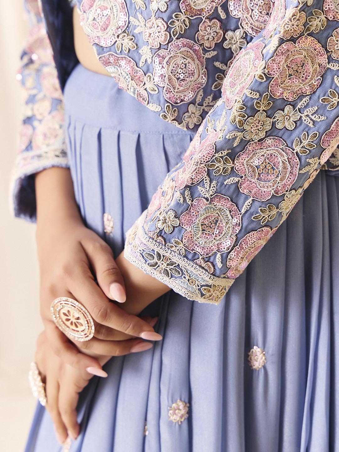 Choli Skirt Koti Set for Women | V-Neck Embroidered Indo Western Ethnic Outfit | Lehenga Dress with Jacket | M-2572