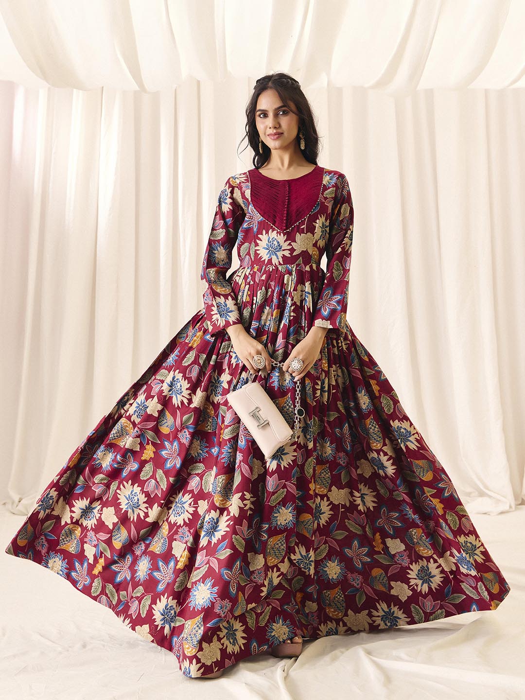 Maroon Flower Printed Rayon Anarkali Long Gown | Perfect For Parties, Engagements & Weddings