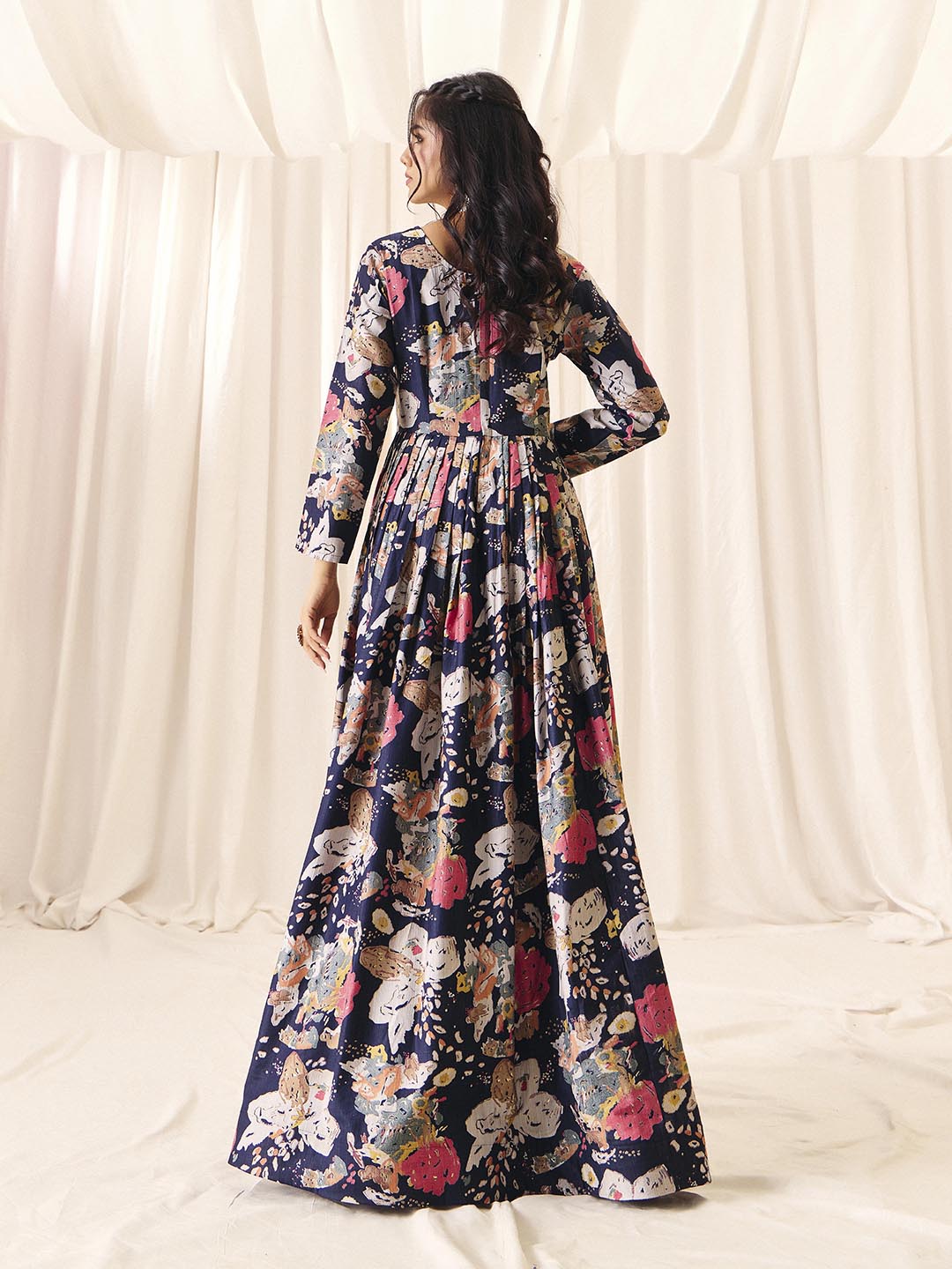 Navy Blue Flower Printed Rayon Anarkali Long Gown | Perfect For Parties, Engagements & Weddings