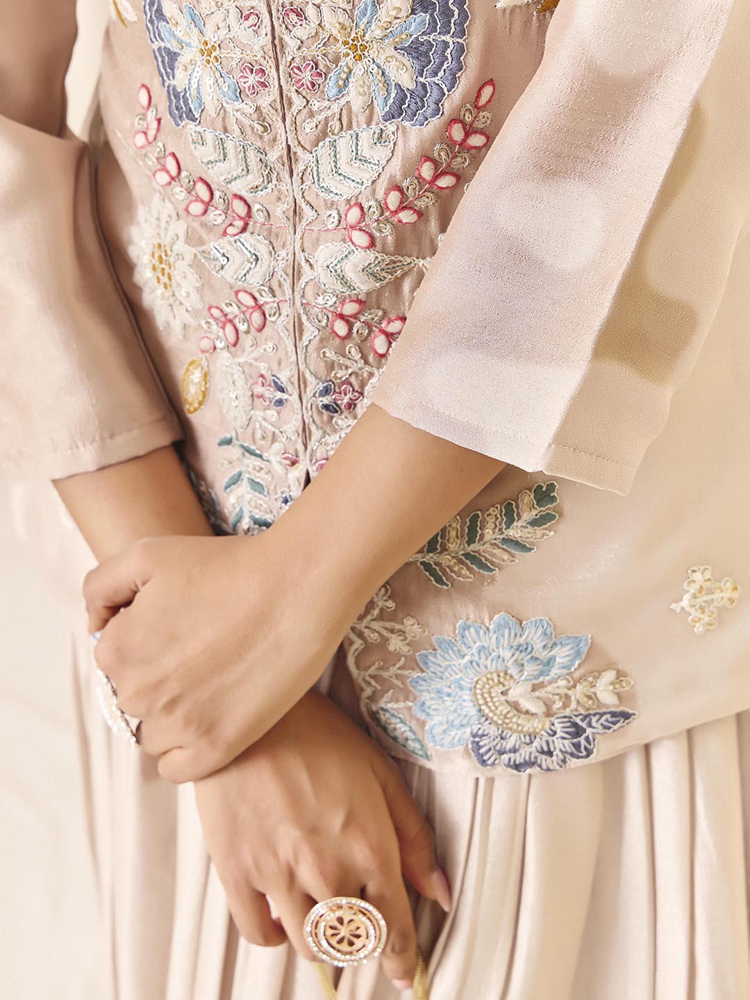 Women's V-Neck Embroidered Top & Skirt Set in Ivory - Madhuram Textiles Vichitra Silk Ethnic Wear | M-2561