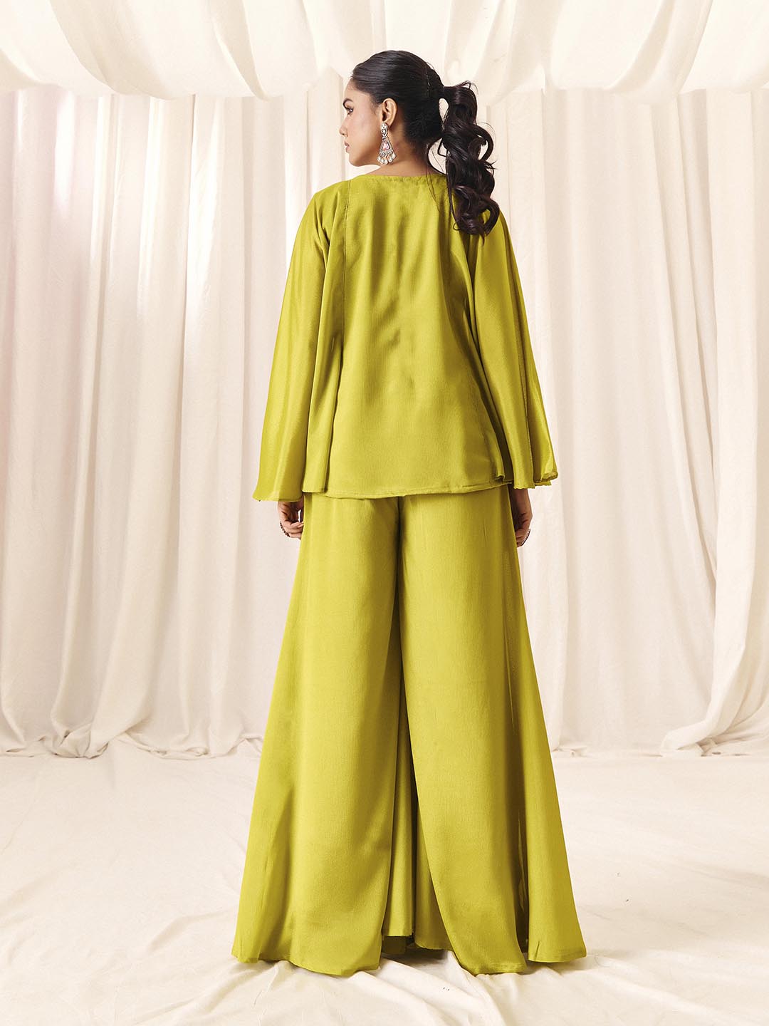 Women’s Green Chinon Embroidered with Palazzo Ethnic Set And Traditional Outfit | M-2570