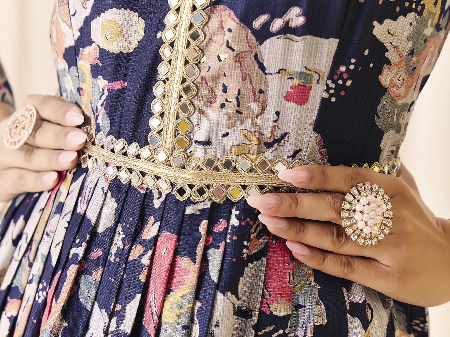 Navy Blue Flower Printed Rayon Anarkali Long Gown | Perfect For Parties, Engagements & Weddings