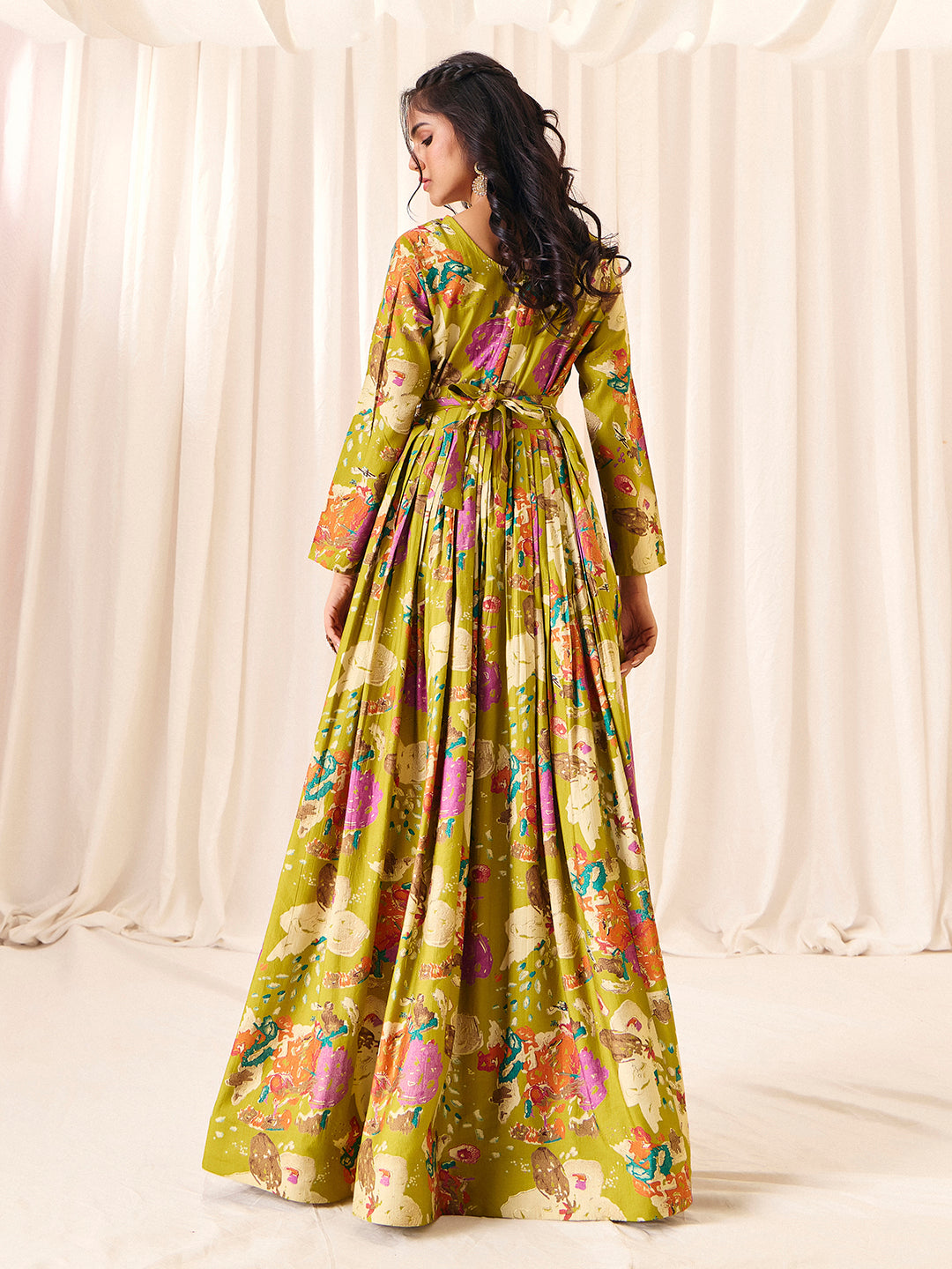 Green Flower Printed Rayon Anarkali Long Gown | Perfect For Parties, Engagements & Weddings