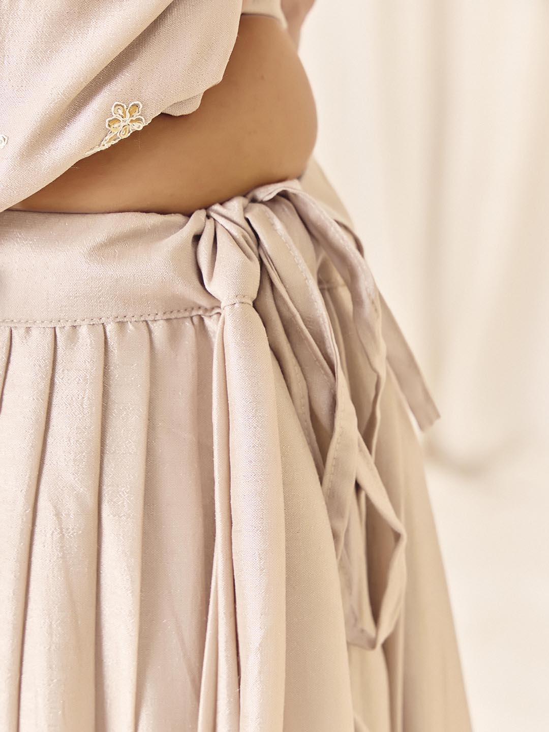 Women's V-Neck Embroidered Top & Skirt Set in Ivory - Madhuram Textiles Vichitra Silk Ethnic Wear | M-2561