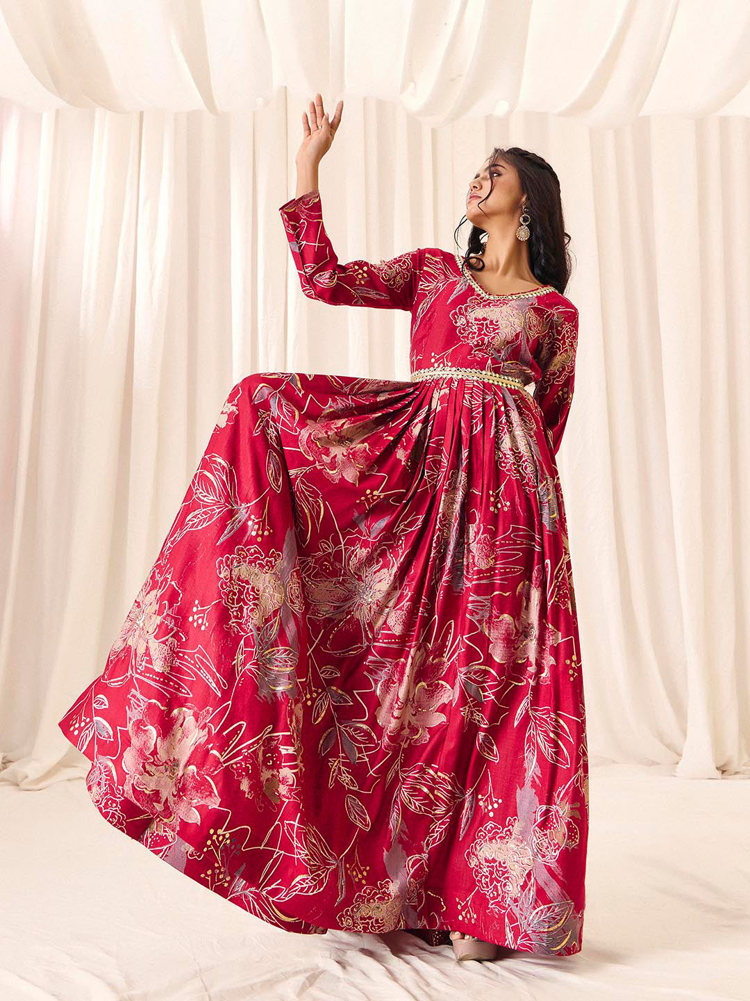 Maroon Flower Printed Rayon Anarkali Long Gown | Perfect For Parties, Engagements & Weddings