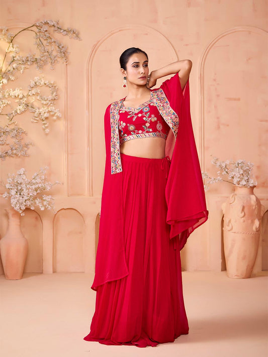 Madhuram Pink Embroidered Georgette Lehenga & Crop Top Set with Shrug