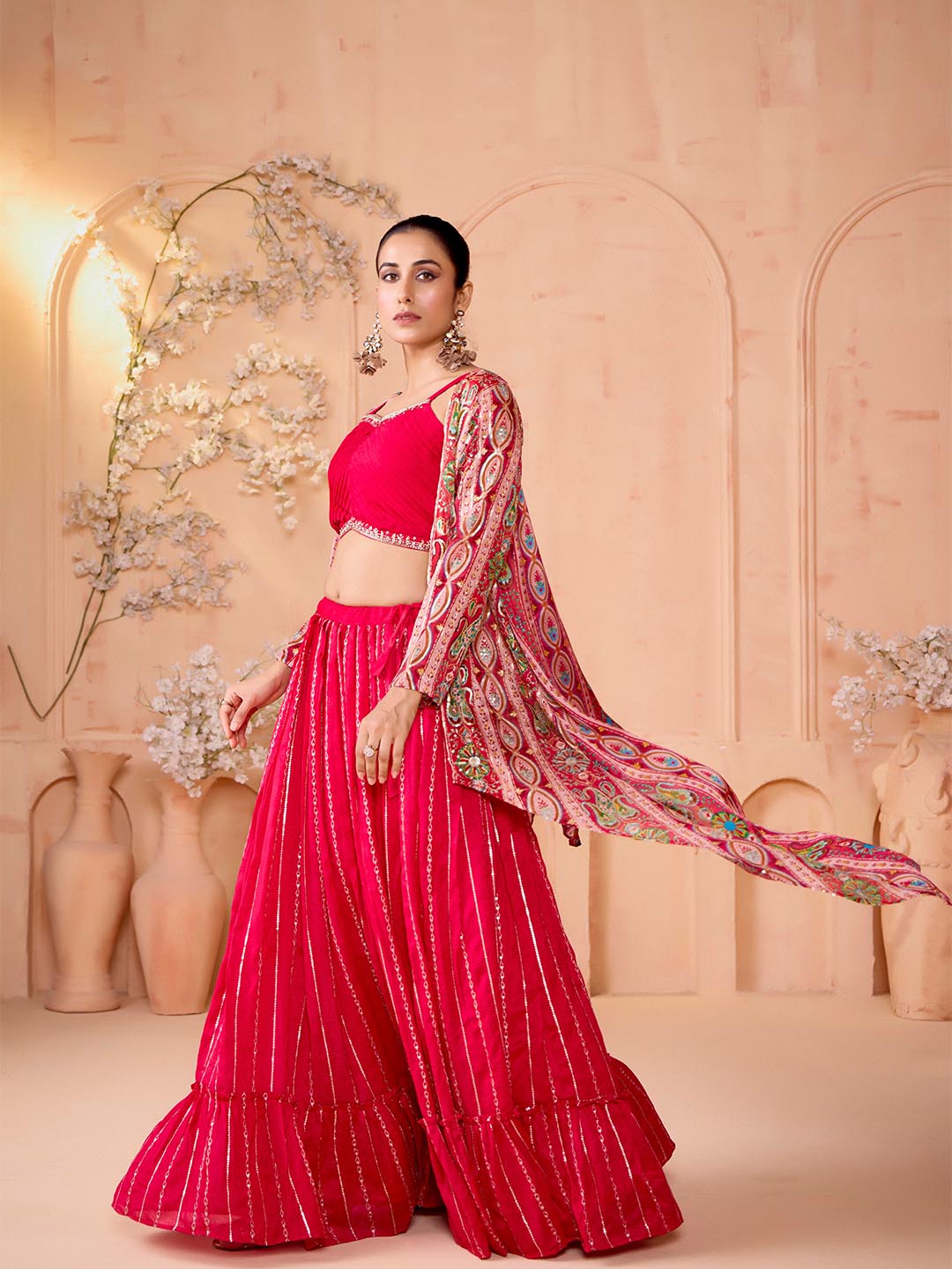 Pink Flared Lehenga Set with Self-Design Crop Top and Embroidered Shrug