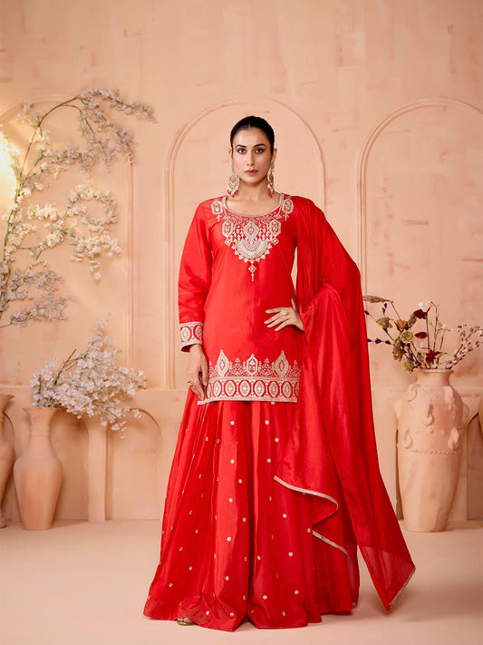 Madhuram Red Embroidered Georgette Kurti Skirt Dupatta Set for Women | Festive & Party Wear | V-Neck Straight Kurta Set