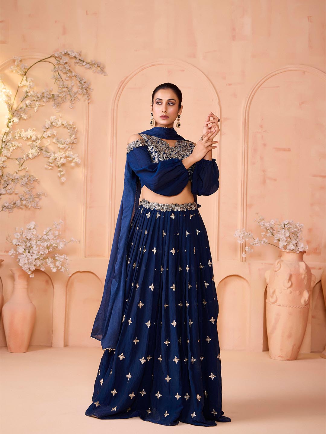 Madhuram Mor Pichh Dark Blue Embroidered Lehenga & Crop Top with Dupatta – Art Silk