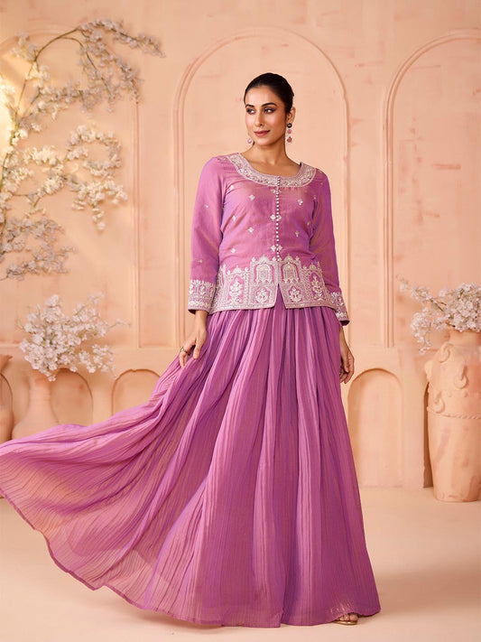 Purple Embroidered Chanderi Silk Lehenga with Jacket – Madhuram | Wedding & Festive Wear