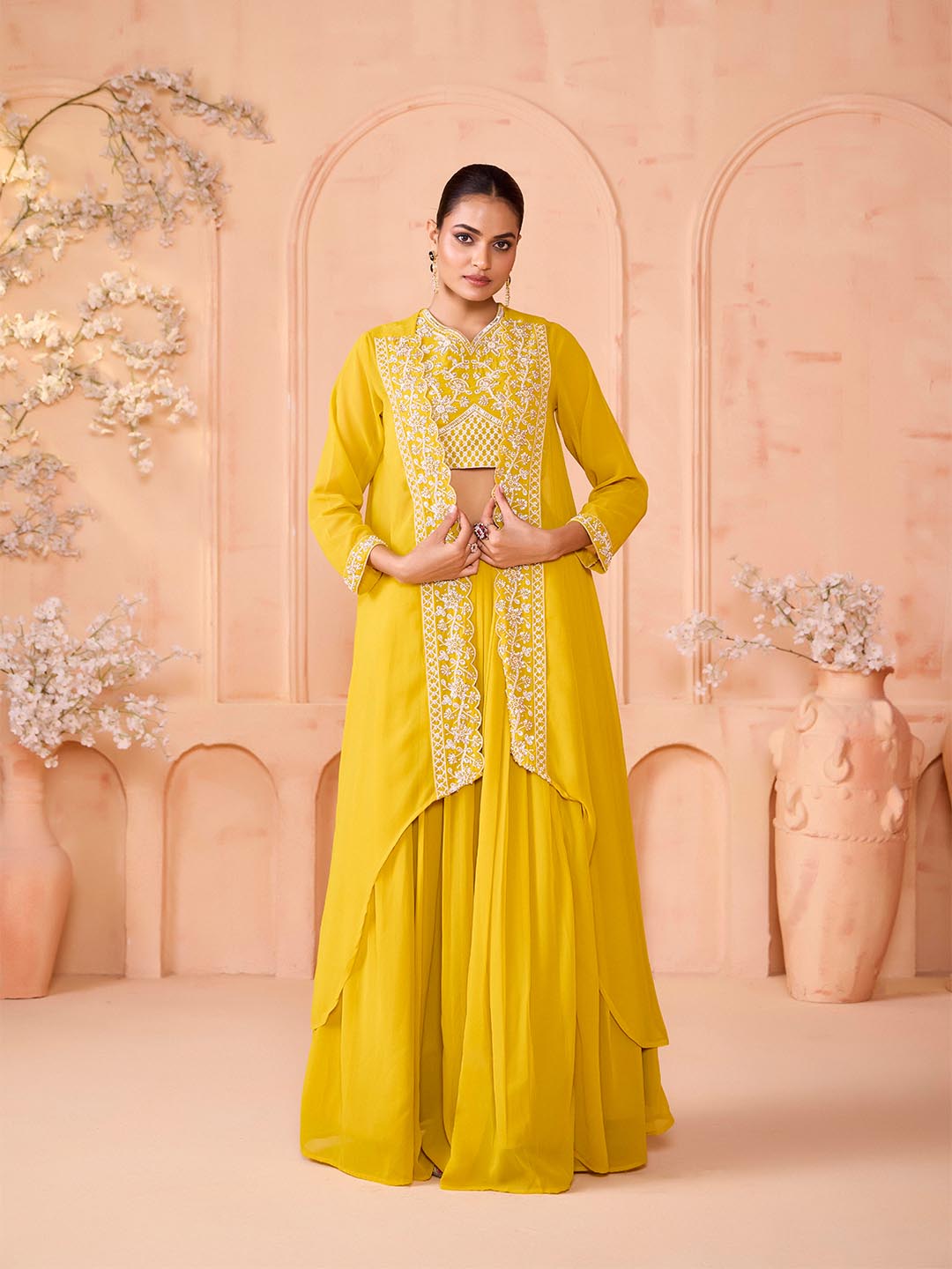 Yellow Embroidered Georgette Lehenga with Jacket for Women – Madhuram | Stitched Festive & Wedding Wear