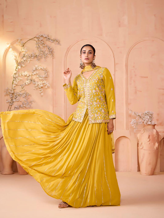 Madhuram Yellow Embroidered Georgette Kurti Skirt Dupatta Set for Women | Festive Partywear Ethnic Suit |