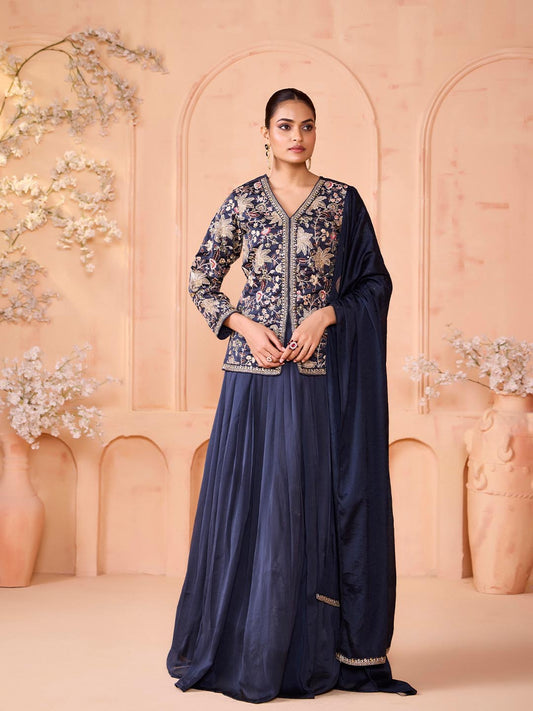 Madhuram Women’s Embroidered Silk Kurta Skirt Set with Dupatta – Navy Blue