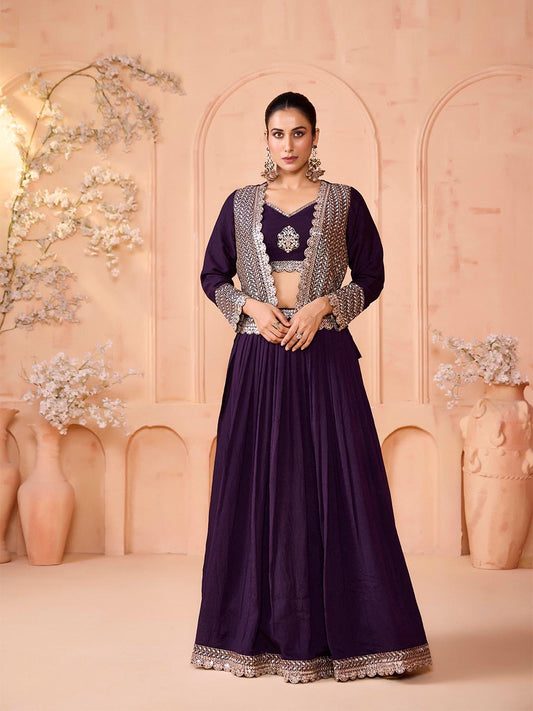 Madhuram Purple Embroidered Lehenga with Jacket Set – Festive & Wedding Wear for Women