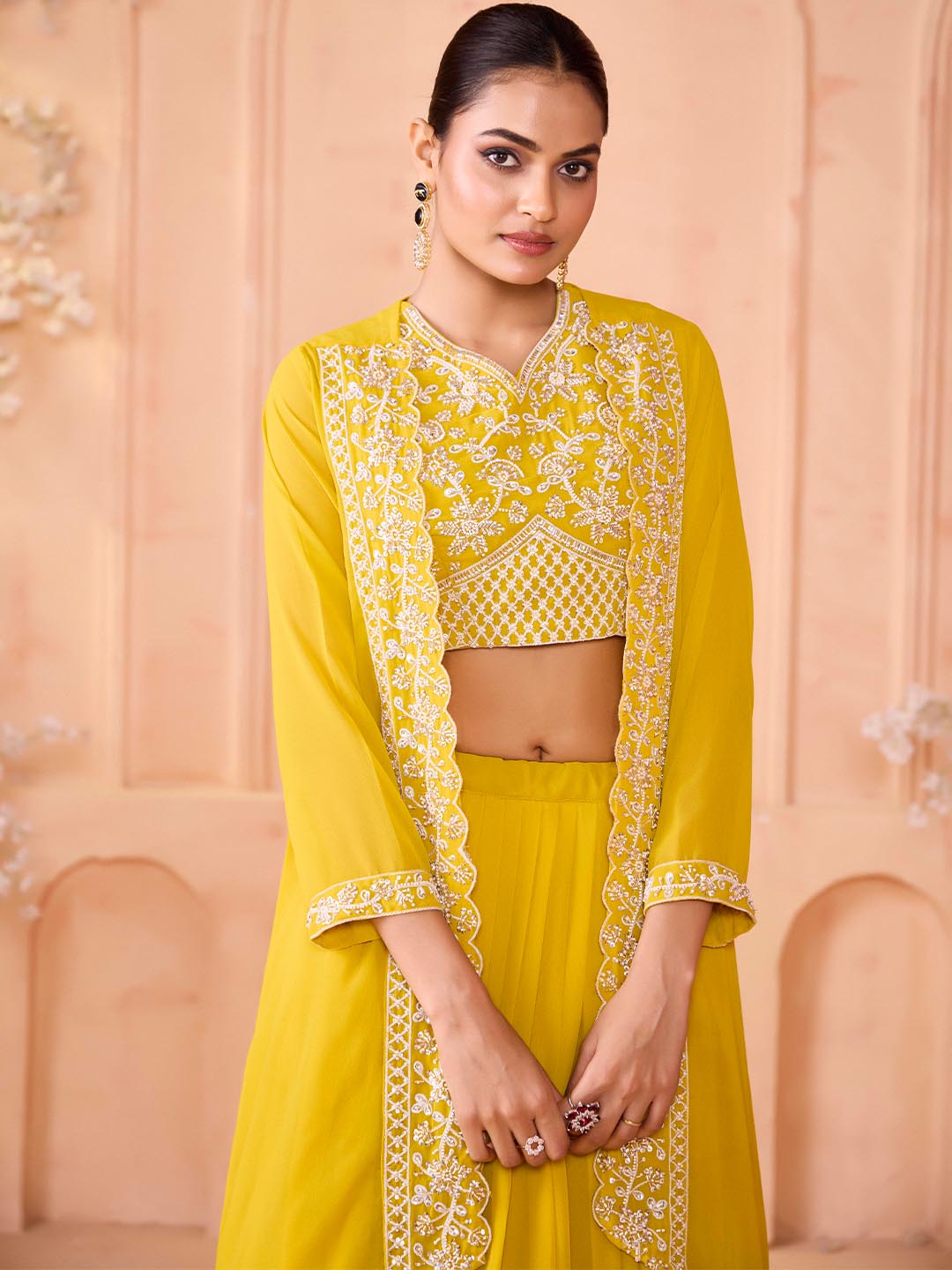 Yellow Embroidered Georgette Lehenga with Jacket for Women – Madhuram | Stitched Festive & Wedding Wear