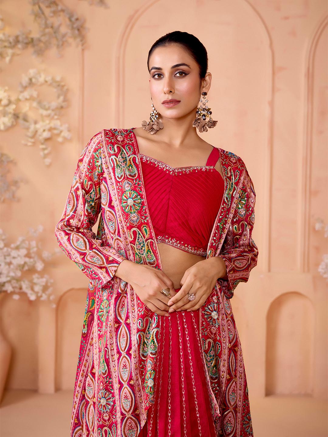 Pink Flared Lehenga Set with Self-Design Crop Top and Embroidered Shrug