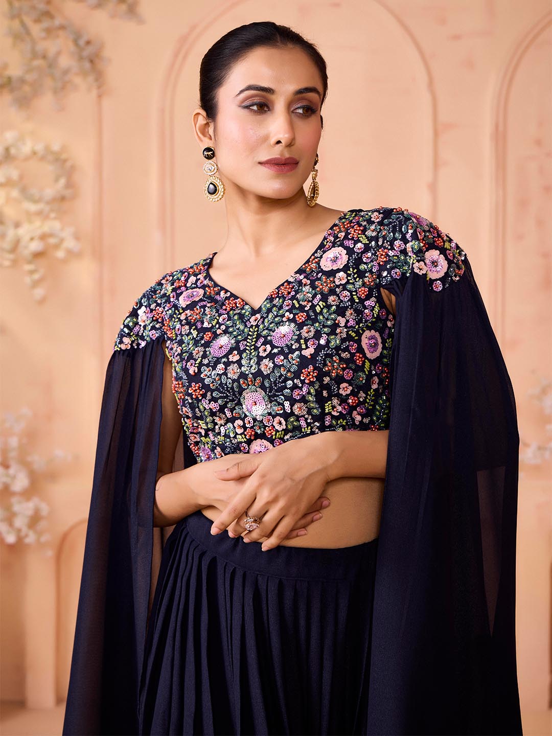 Madhuram Navy Blue Embroidered Georgette Lehenga & Crop Top Set
