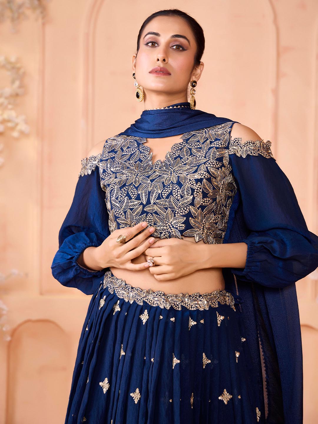 Madhuram Mor Pichh Dark Blue Embroidered Lehenga & Crop Top with Dupatta – Art Silk