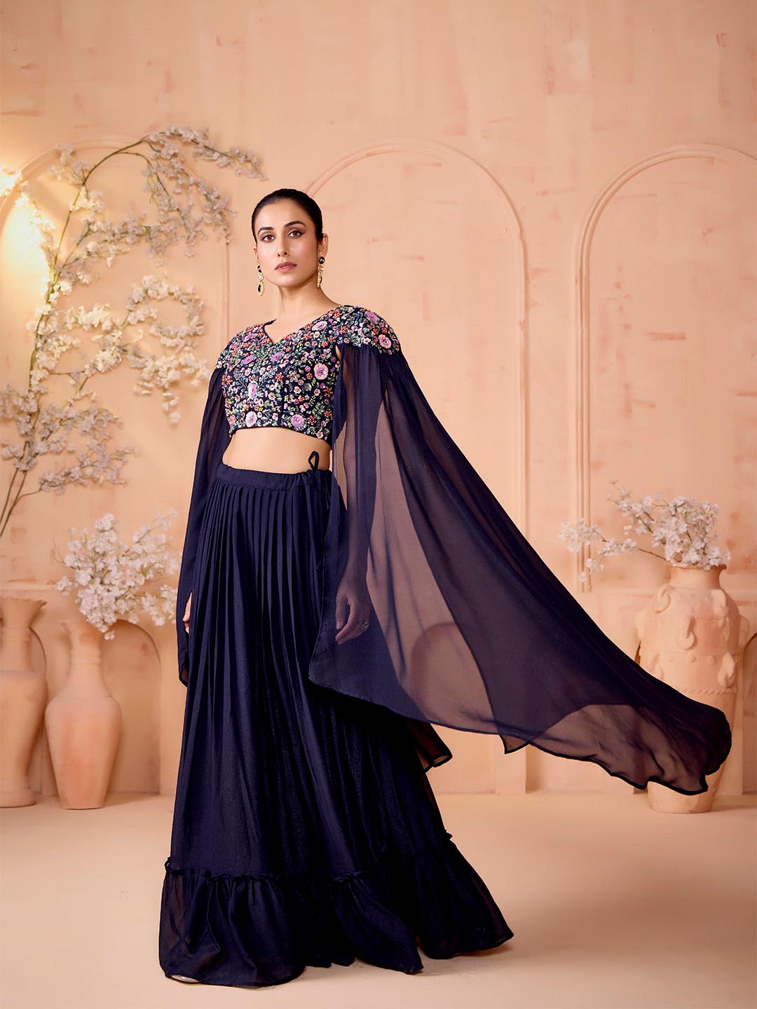 Madhuram Navy Blue Embroidered Georgette Lehenga & Crop Top Set