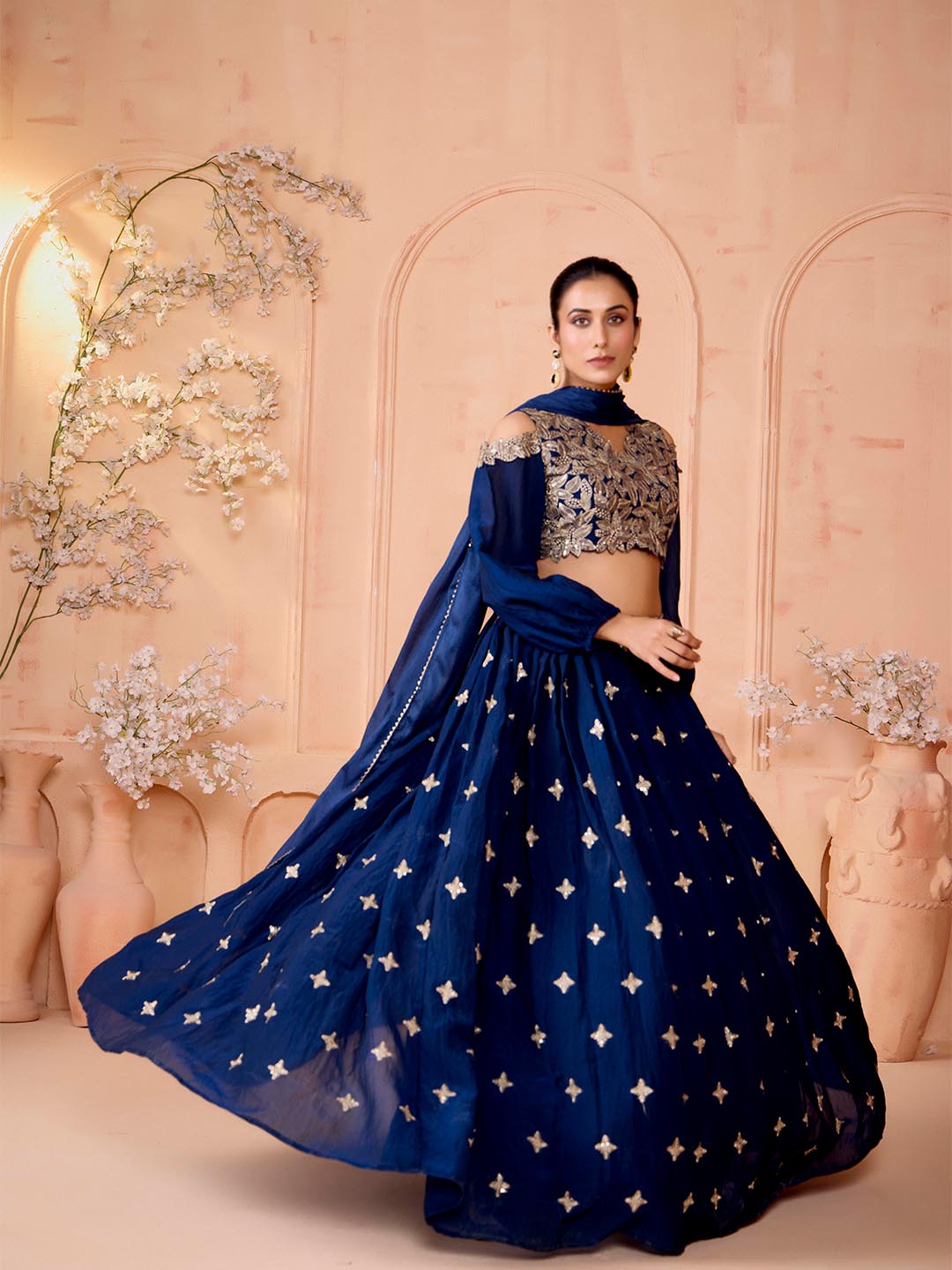 Madhuram Mor Pichh Dark Blue Embroidered Lehenga & Crop Top with Dupatta – Art Silk